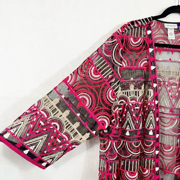 Catherines Embroidered Mesh Kimono Jacket Boho Pink Black - Women's Size 2XWP - Picture 3 of 5